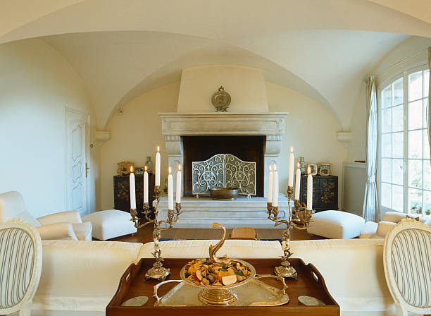 istock Elegant living-room: fireplace, white sofas, glass window, candelabras, vaulted ceilings 162431092
