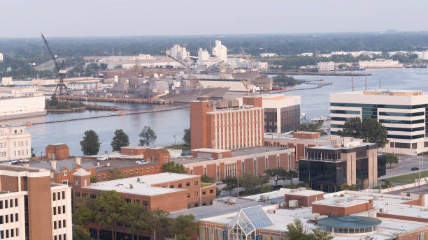 istock Balanced urban environment in Industrial District on the river. Apartment complex, public buildings, and neighborhood by riverside of Portsmouth, VA. Drone view 1624325300