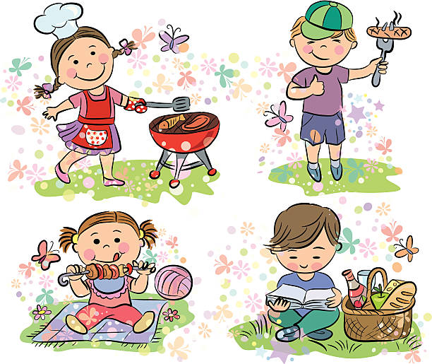 Kids on picnic with barbecue vector art illustration