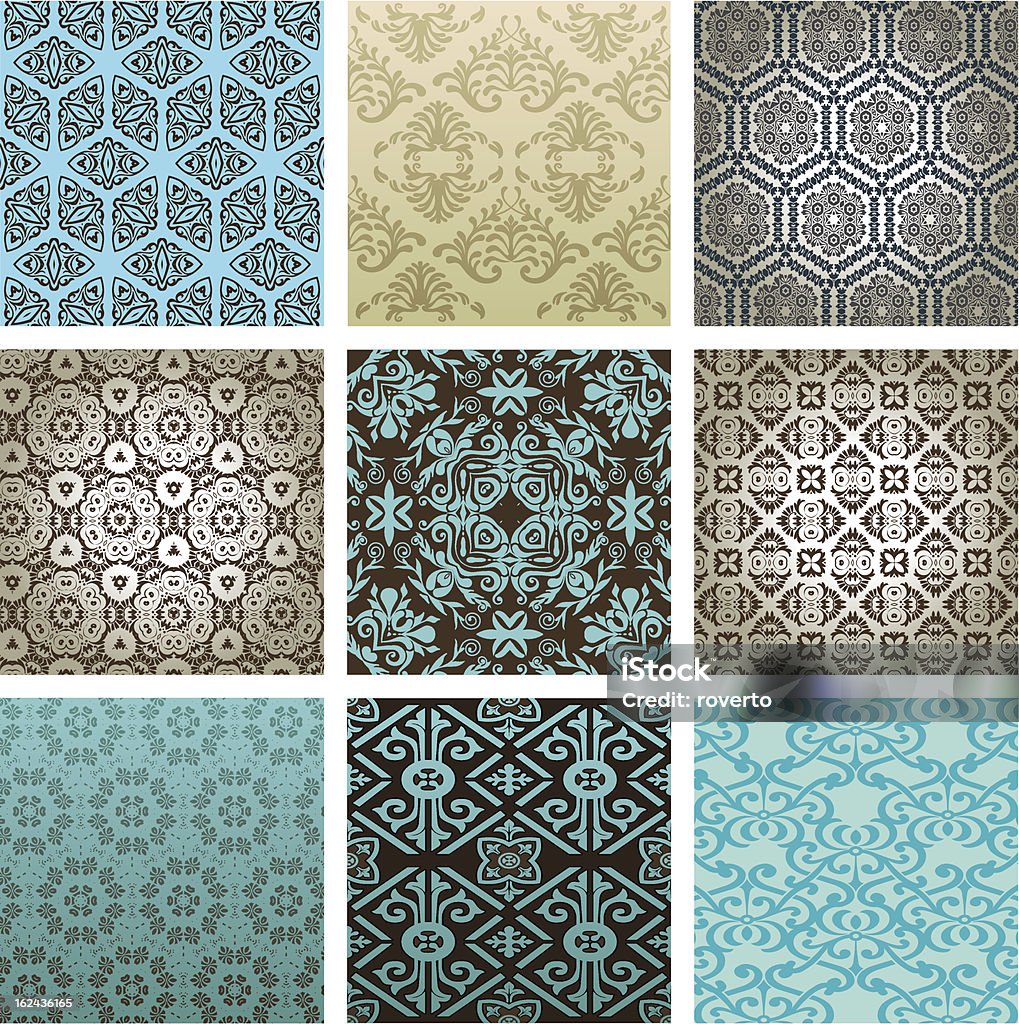 Seamless Wallpaper Wallpaper Pattern with some asymmetrical elements. 9 schemes are shown. Zoom in for details! Pattern stock vector