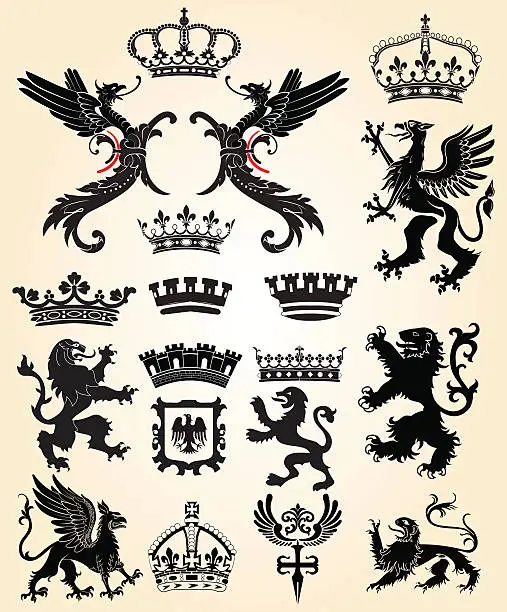 Vector illustration of Set of black heraldic designs on a vintage cream background
