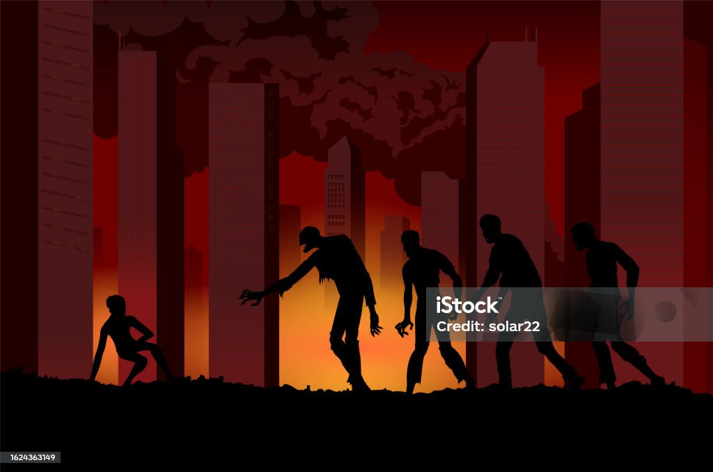 Zombie Infect Silhouette Zombie Group Walk Into Man Falling On The Floor For Attack ...