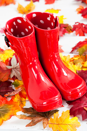 Red child rubber boots on autumn front porch