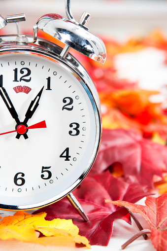 Retro Alarm clock on falling maple leaves on white wooden porch