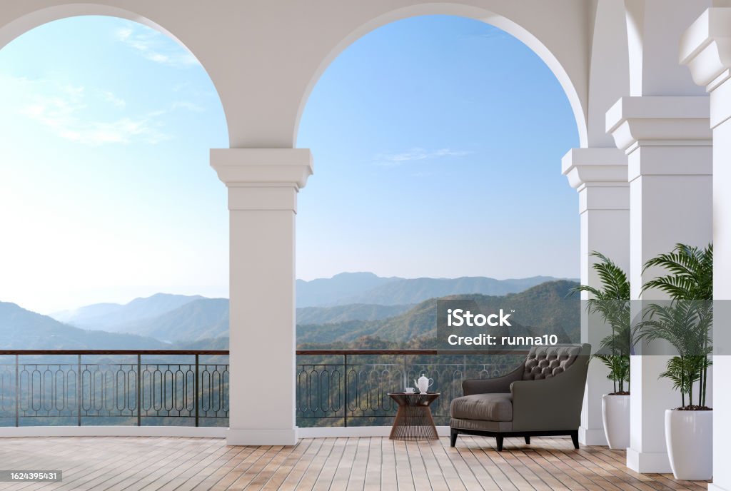 Terrace Shape Modern Classical Style Terrace With Mountain View 3d Render Stock Photo ...