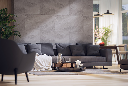 Closeup view of modern contemporary style living room with gray marble stone wall 3d render,there are gray fabric furniture focus at sofa
