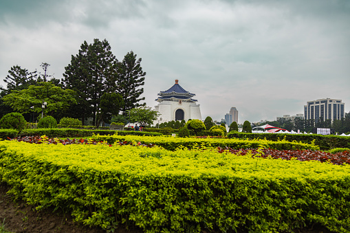 Taipei, Taiwan - May 21, 2023: The Chiang Kai-shek memorial hall at the east end of Memorial Hall Square surrounded the National Theater and National Concert Hall. Visit the change of guard every hour