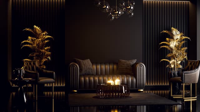 Animation of luxury classical style superior black living room interior 3d render
