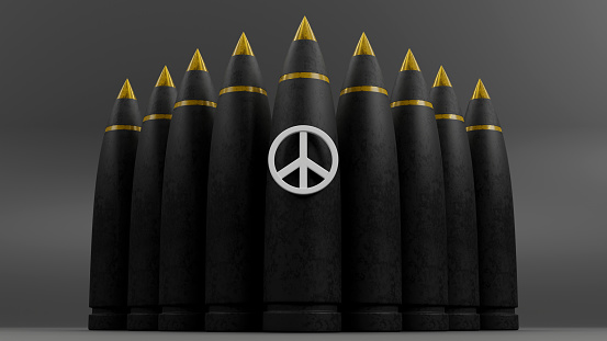 3D rendering of peace icon with bombs, the international symbol of peace disarmament anti-war movement on color background