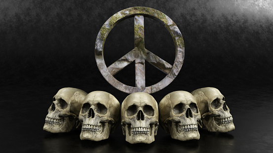 3D rendering of a human skull with a peace icon, the international symbol of peace anti-war movement, stop killing for peace concept