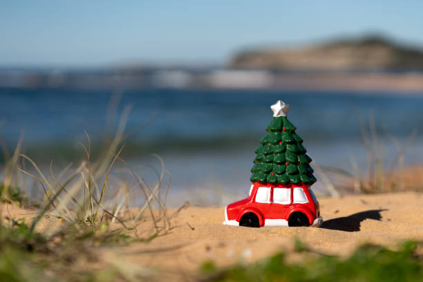 Car with a Christmas Tree toy on the Australian beach