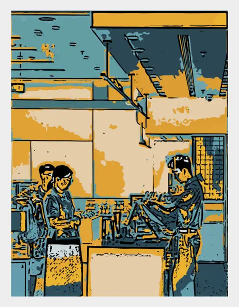 Vector illustration of customer checking out at the counter of mall scene,colors hand drawn illustration background