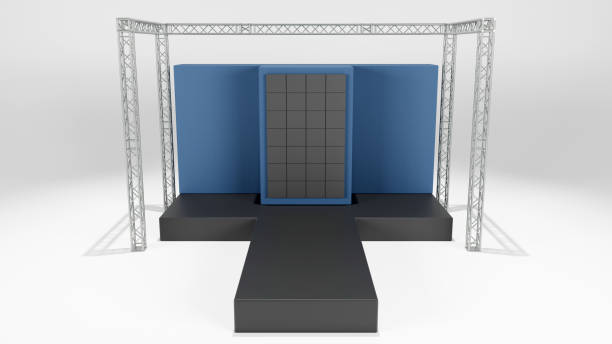 istock 3D rendering of a mini stage show and truss construction with LED screen on blue backdrop for all events, performances, Stage design concept 1624414955