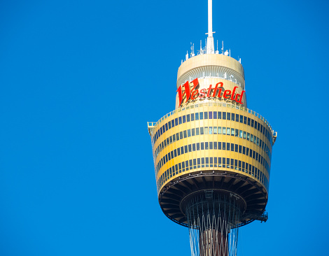 SYDNEY, AUSTRALIA. – On November 7, 2017. -  Westfield Centrepoint Tower is Sydney's tallest structure above the central business district (CBD), located on Market Street, the image in close up.