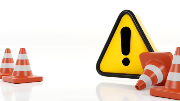 istock 3D rendering of traffic cones with an exclamation on white background, Warning alert signs for road construction works concept 1624416405