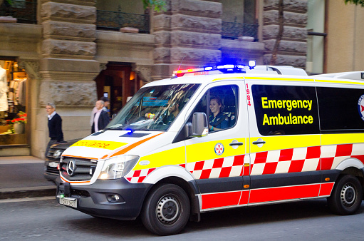 SYDNEY, AUSTRALIA. – On November 7, 2017. -  New South Wales Emergency Ambulance on Pitt St. , Martin Place.