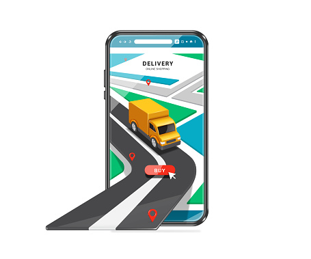 yellow delivery truck is on road and is following a GPS track along red pin to deliver goods to customer after customer press buy order button, vector 3d for logistics ,delivery ,online shopping