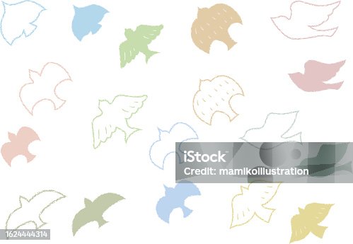 istock Set of illustrations of simple birds in dull colors drawn with crayon touch. 1624444314