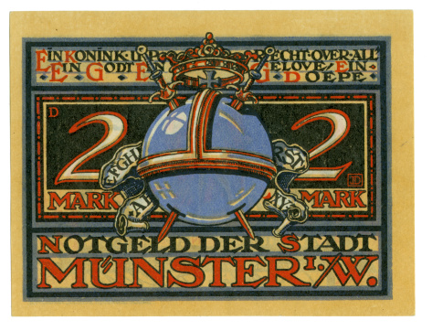 A local banknote is issued with the city Hanover in 1921 year. Its obverse is photographed close-up and cut-out.