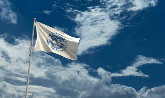 white blue flag blue sky background wallpaper copy space imf fund money monetary financial marketing investment international relationship member together government facade crisis organization global