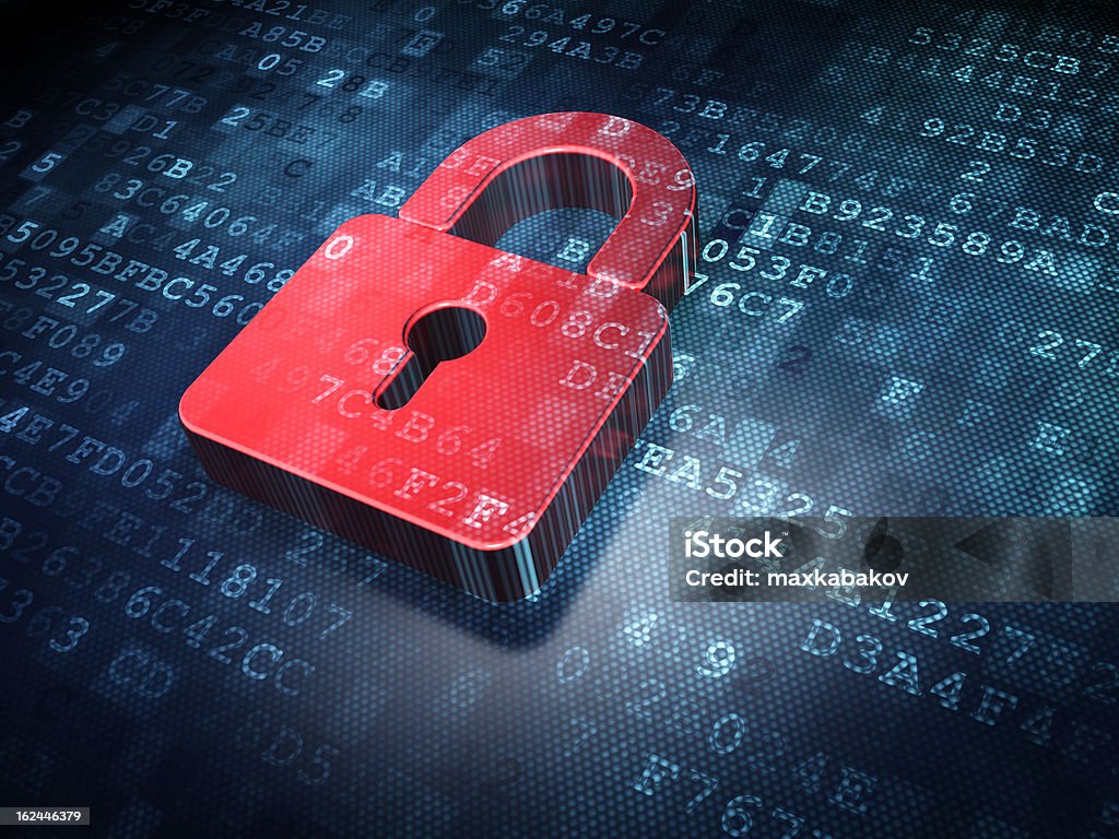 Red padlock illustration on a digital background Privacy concept: Red Closed Padlock on digital background, 3d render Accessibility Stock Photo