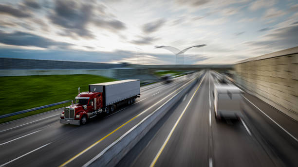 istock American style truck on freeway pulling load. Transportation theme. 3D illustration 1624468298