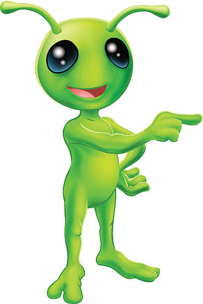 Cute Cartoon Alien Pointing An illustration of a cute green cartoon alien pointing a finger and showing something. Vector file is eps 10 and uses transparency blends and gradient mesh animal antenna stock illustrations