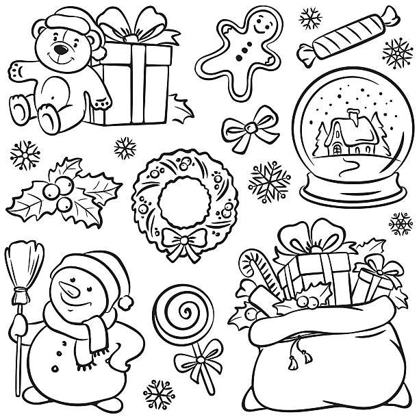 Page of  Christmas themed sketches Christmas set, pencil drawing illustration gingerbread house cartoon stock illustrations