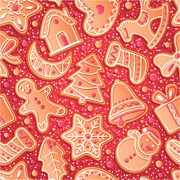 Background with gingerbreads Seamless red background with Christmas gingerbreads, vector illustration christmas cookies pattern stock illustrations