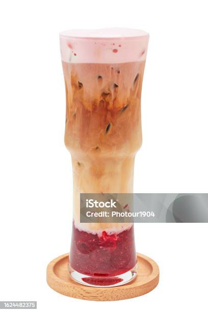 Iced Strawberry Latte In High Glass Isolated On White Background Iced Strawberry Latte Served Clearly Separated Layers Caffeinated Beverages Stock Photo - Download Image Now