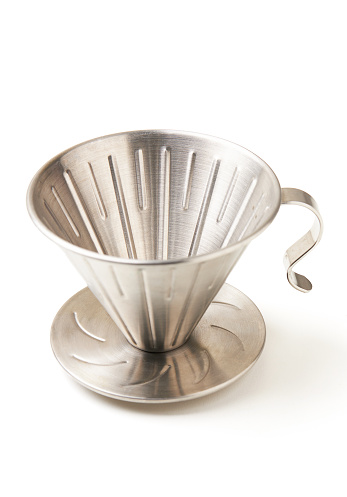 Stainless steel coffee dripper isolate on white background. Pour over (filter or drip coffee) is method of brewing coffee by pouring hot water over the coffee and a filter into jug place at the bottom