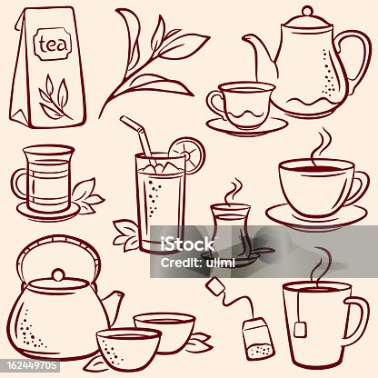istock Set of drawn tea-related illustrations over beige background 162449705