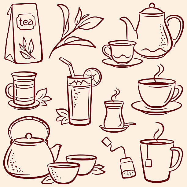 Set of drawn tea-related illustrations over beige background Tea, pencil drawing illustration tea cup stock illustrations