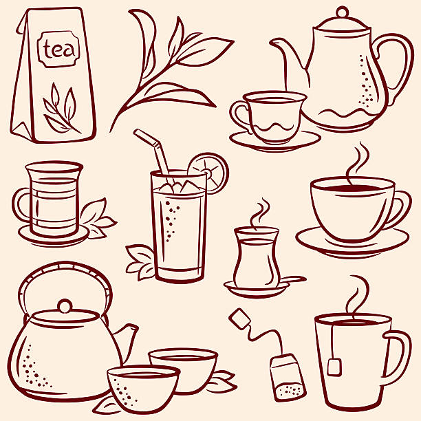 Set of drawn tea-related illustrations over beige background Tea, pencil drawing illustration iced tea stock illustrations