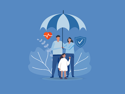 Family under umbrella. Concept of life insurance, protection of health and life of children for travel or vacation. Healthcare and medical service. Vector illustration.