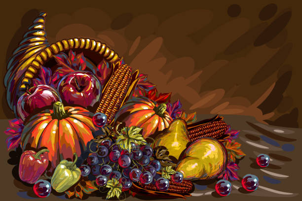 wunderschöne thanksgiving hintergrund - fruit painting food oil painting stock-grafiken, -clipart, -cartoons und -symbole