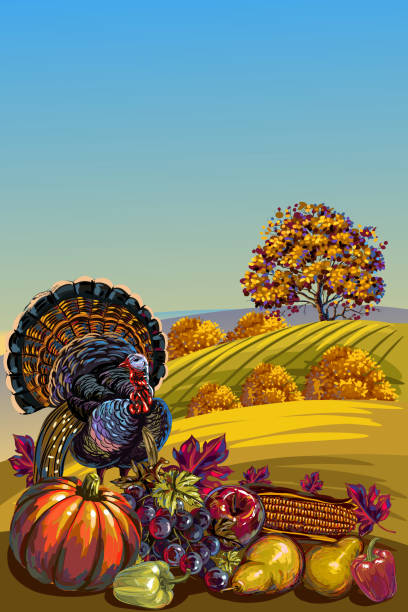 wunderschöne thanksgiving hintergrund - fruit painting food oil painting stock-grafiken, -clipart, -cartoons und -symbole