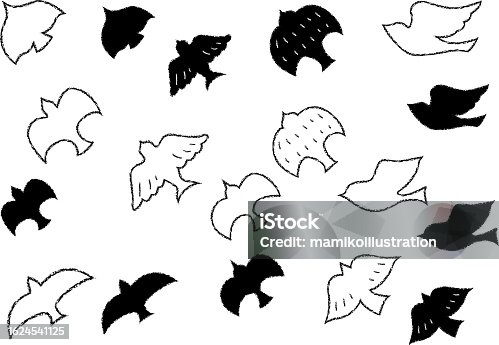 istock A set of simple black-and-white illustrations of birds drawn with crayon touch. 1624541125