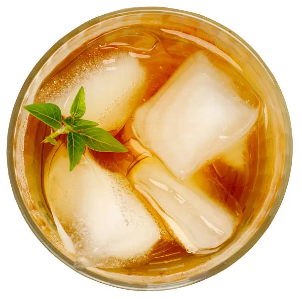 Ice tea with ice cubes and basil garnish, isolated on white background. Viewed from directly above.