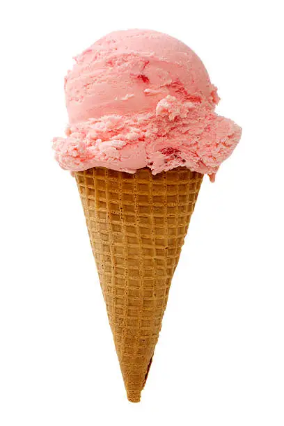 Strawberry ice cream cone isolated on white background.