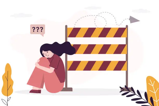 Vector illustration of Barrier to business development. Dead end in career. Manager or businesswoman thinking about career ladder and overcoming obstacles. P