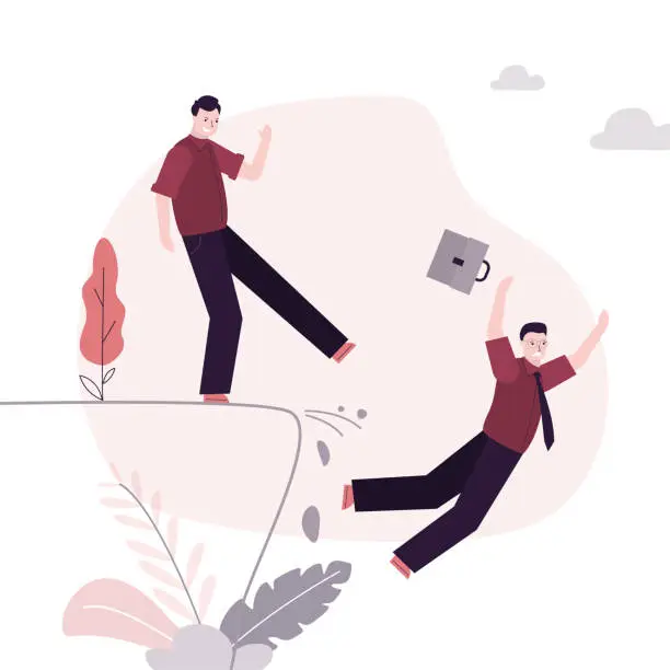 Vector illustration of Competition, business betrayal. Fake friend pushes colleague into abyss. Angry boss kicks male employee from cliff, dismissal, staff reduction. Unemployment, economic crisis.