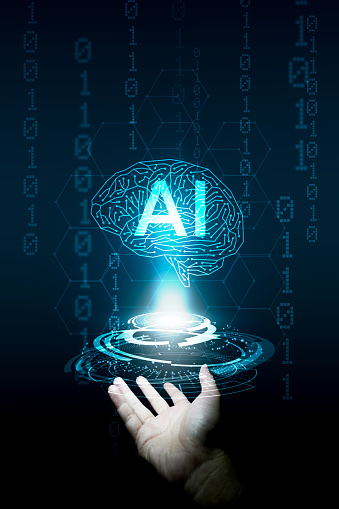 brain circuit on open hand.Artificial Intelligence or AI brain analysis information.Technology and science concept,machine learning system.Hi-tech and futuristic world.Digital concept background.