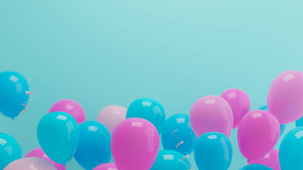 istock Pink pastel-toned balloons are lined up against a blue wall, 3d rendering 1624616864
