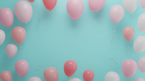 istock Pink pastel-toned balloons are arranged in a circle against a blue wall, 3d rendering 1624616865