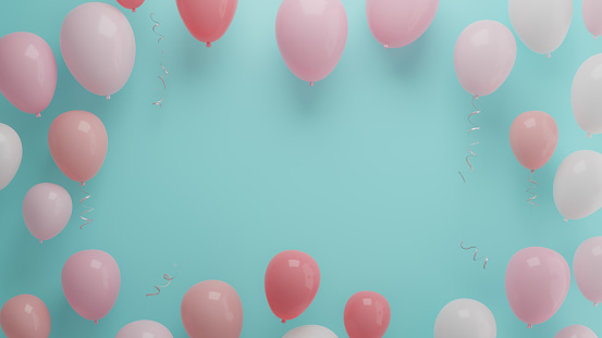 Pink pastel-toned balloons are arranged in a circle against a blue wall, 3d rendering