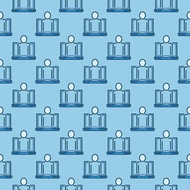 Vector illustration of Laptop Computer with Man vector blue seamless pattern