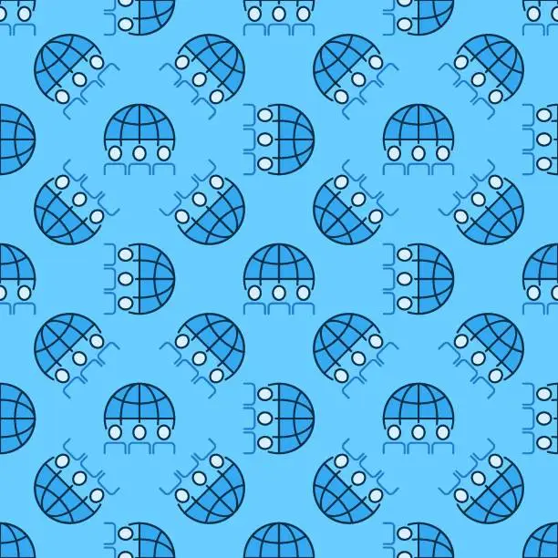 Vector illustration of Earth Globe and three People vector blue seamless pattern