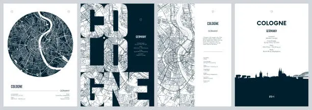 Vector illustration of Set of travel posters with Cologne, detailed urban street plan city map, Silhouette city skyline, vector artwork