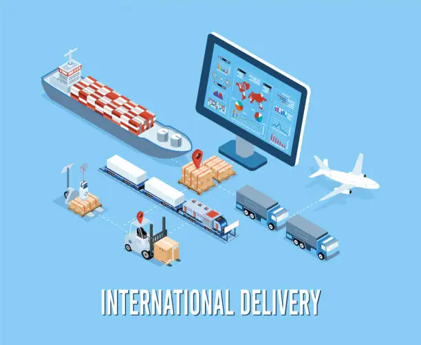 Vector illustration of 3D Isometric International Delivery And Global Logistics Concept with Transportation operation service, Air, Road, Ship, rail transportation. Vector illustration EPS 10